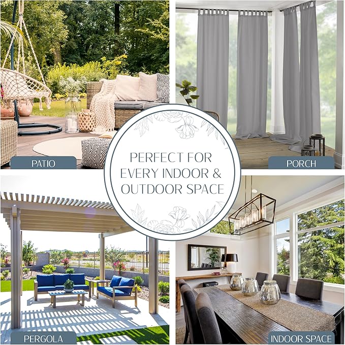 Elrene Home Fashions Matine Weatherproof Tab-Top Indoor/Outdoor Solid Color Curtain Panel for Porch, Pergola, Patio, Deck, 52”W x 95”L, Gray