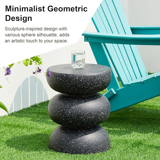 Glitzhome Outdoor Side Table, 18" H Decorative Garden Stool MGO Faux Terrazzo End Table, Heavy Duty Indoor Outdoor Round Planter Stand for Living Room Bedroom Patio Deck Poolside,Black