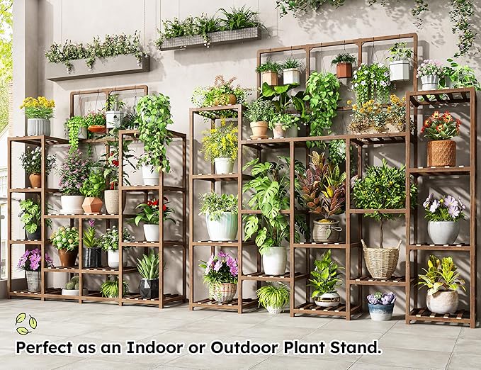 EnHomee 63''H Plant Stand Indoor Tall Plant Stands Outdoor with 7 Tiers and 14 Potted Upgrade Wood Plants Shelves Stand for Living Room Patio Balcony Yard Garden, 11.8''D×56''W×63''H