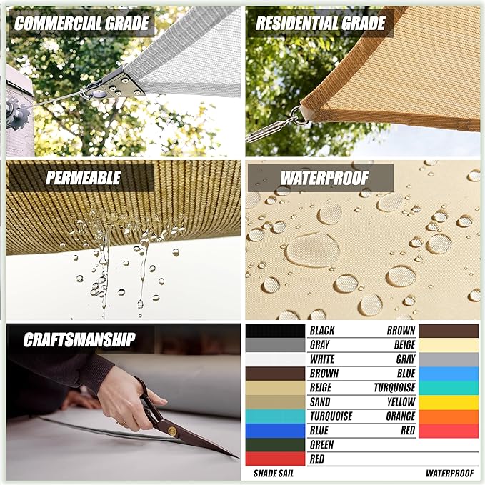 ColourTree TAPR1616 Custom Size 8' x 16' Black Sun Shade Sail Canopy UV Block UPF50 Rectangle - Commercial Standard Heavy Duty - 190 GSM - 3 Years Warranty