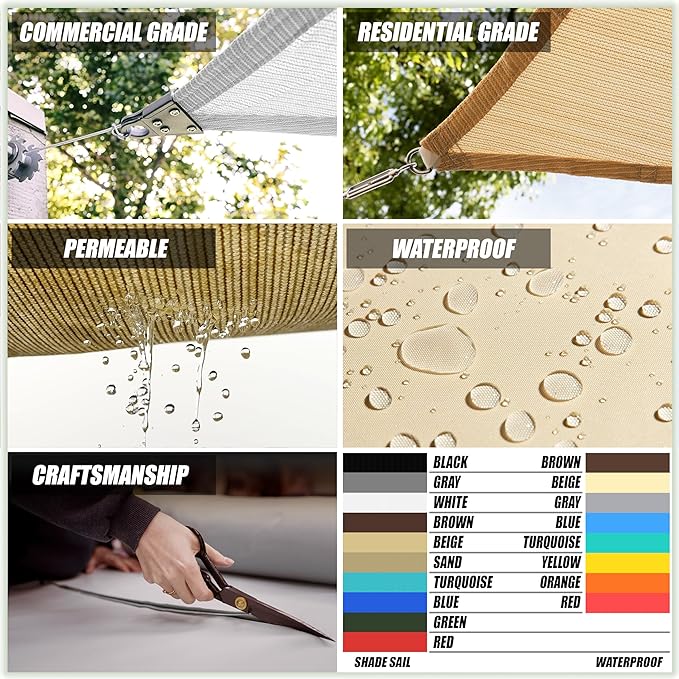 ColourTree TAPR1616 Custom Size 18' x 22' Grey Sun Shade Sail Canopy UV Block UPF50 Rectangle - Commercial Standard Heavy Duty - 190 GSM - 3 Years Warranty