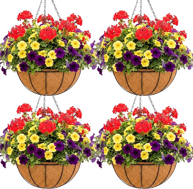 Metal 10 inch Round Planter, 4 Pack Hanging Wire Basket with Coco Fiber Liners, for Outdoor Plants Decoration
