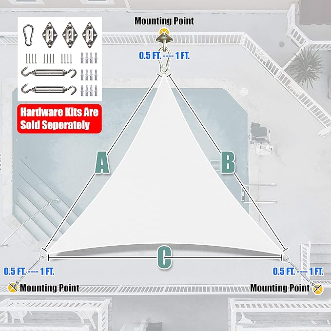 Amgo 22' x 22' x 22' White Triangle Sun Shade Sail UPF50+ Canopy Awning AGSLT, 95% UV Blockage, Water & Air Permeable, 200GSM Heavy Duty Commercial and Residential (We Make Custom Sizes)