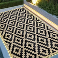 SAND MINE Reversible Mats with Led Strip Lights, Plastic Straw Rug, Modern Area Rug, Large Floor Mat for Outdoors, Patio, Backyard, Deck, Picnic, Camping, Black & Beige, 6' x 9'