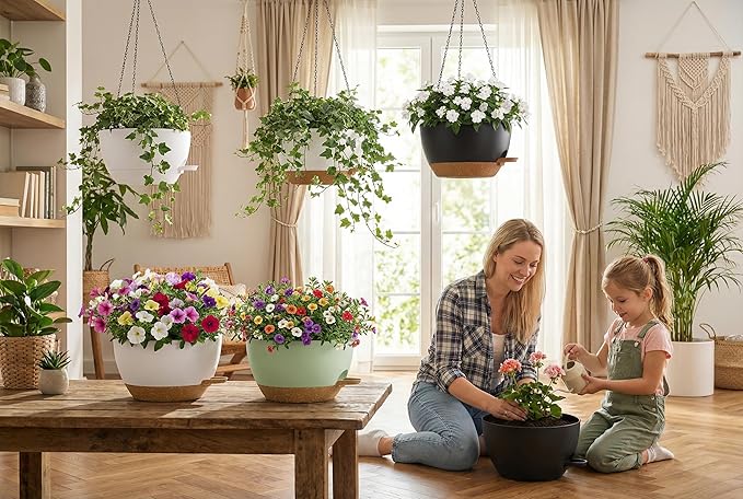 Hanging Planters, 3-Pack 10 Inch Self-Watering Pots with Drainage Holes and Chains, Matte Plastic Planters for Indoor/Outdoor Plant（White Brown）