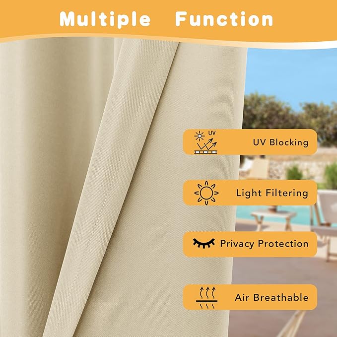 HolidayIdeas Outdoor Curtains for Patio Waterproof, 4 Panels - 84 x 84 Inch - Privacy Protection & Light Filtering Curtains Grommet Outside Curtains for Porch, Gazebo, Pergola, Backyard (Cream)