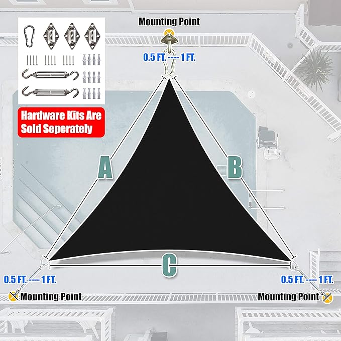 Amgo Custom Size 26' x 26' x 26' Black Triangle Sun Shade Sail UPF50+ AGTAPRT12, Order to Make Canopy Awning, 95% UV Blockage, Water & Air Permeable, Commercial Standard (We Customize)