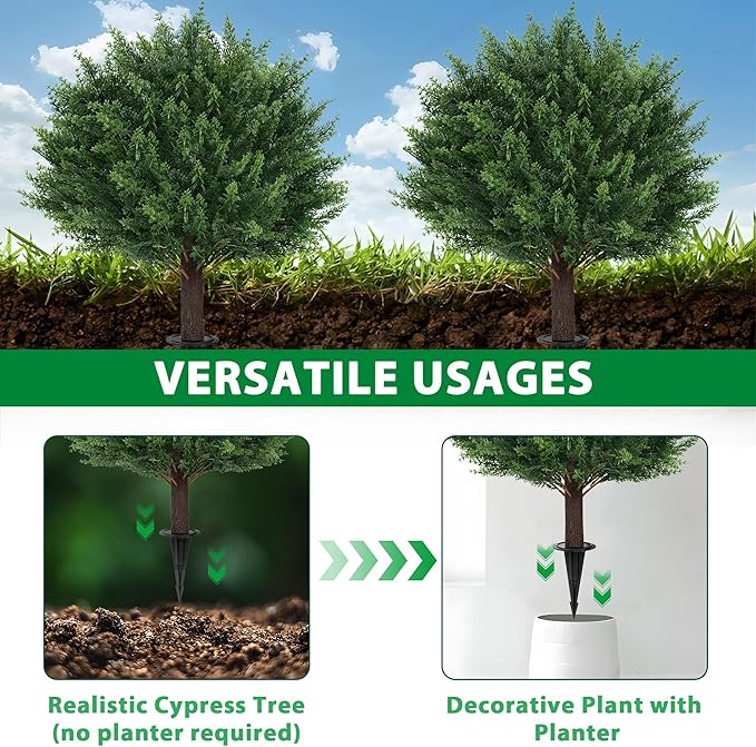 Artificial Cypress Topiary Tree with Ground Spike, Set of 4 Artificial Shrub Bushes, Fake Evergreen Tree for Porch, Artificial Plants for Outdoor Planters Indoor UV Resistant