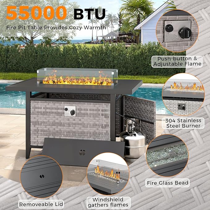 8-Seat Outdoor Wicker Patio Furniture Set with Fire Pit Table, Modular Rattan Sectional Sofa & 2 Swivel Rocking Chairs, 4" Thick Cushions, Rust-Resistant Frame,Beige