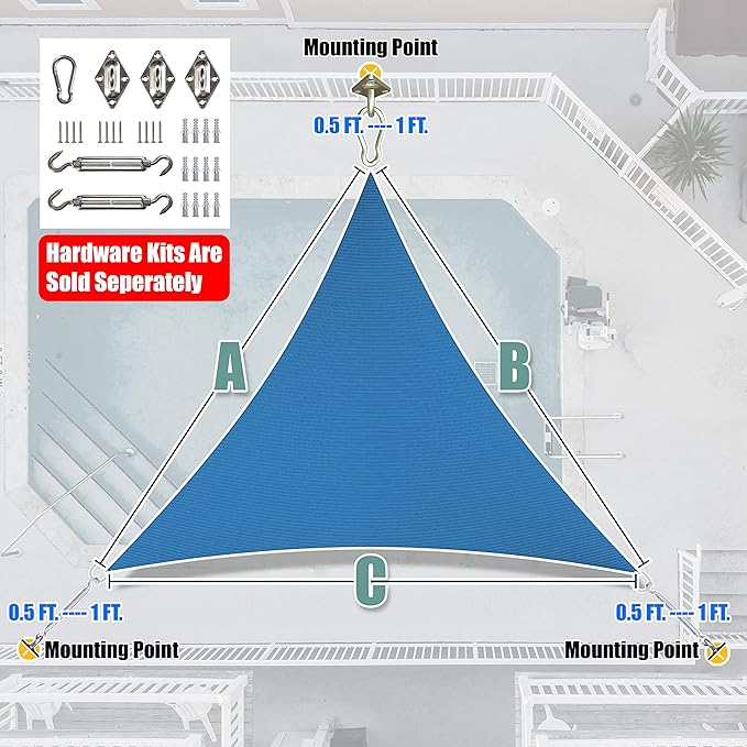 Amgo Custom Size 27' x 27' x 27' Blue Triangle Sun Shade Sail Order to Make Canopy Awning UPF50+ AGSLT, 95% UV Blockage, Water & Air Permeable, 200GSM Commercial Standard (We Customize)