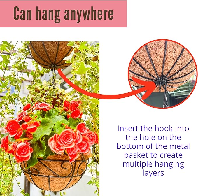 LaLaGreen Hanging Planter for Outdoor Plants (12 Inch, 2 Pack) Hanging Baskets with Coco Liner, Black Metal Wire Flower Basket Pots with Hook Hanger Balcony Porch Farmhouse Country Style Garden Decor