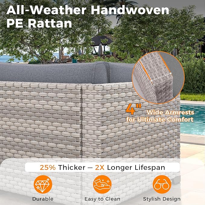 10-Seat Outdoor Wicker Patio Furniture Set with Fire Pit Table, Modular Rattan Sectional Sofa & 2 Swivel Rocking Chairs, 4" Thick Cushions, Rust-Resistant Frame,Gray