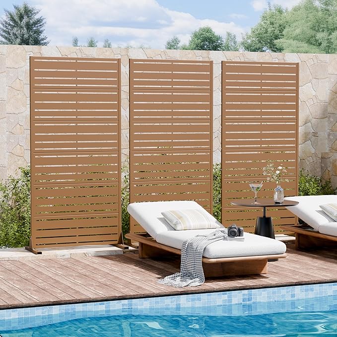 Casaphoria Metal Privacy Screen Outdoor, 72" H x 35" W Freestanding Decorative Privacy Screen for Patio Deck Balcony Garden with Stable Base, Brown-Benjamin