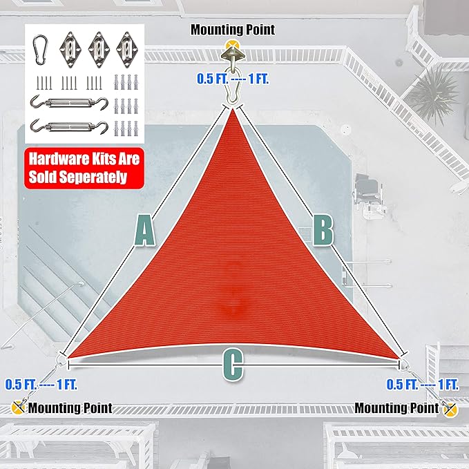 Amgo Custom Size 8' x 8' x 8' Red Triangle Sun Shade Sail Order to Make Canopy Awning UPF50+ AGSLT, 95% UV Blockage, Water & Air Permeable, 200GSM Commercial Standard (We Customize)