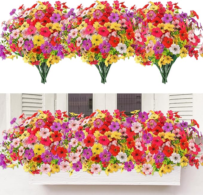 MACTING Artificial Flowers for Outdoors 12 Bundles Faux Outdoor Plants UV Resistant Fake Plastic Flowers No Fade for Planters Patio Porch Garden Home Indoor Outside Summer Decorations(Mix Color-2)