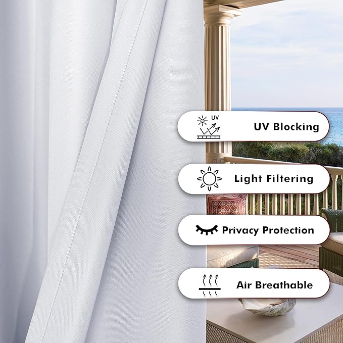 BONZER Waterproof Indoor/Outdoor Curtains for Patio Thick Privacy Extra Wide Grommet Curtains for Bedroom, Living Room, Porch, Pergola, Cabana, 1 Panel, 150W x 95L inch, White
