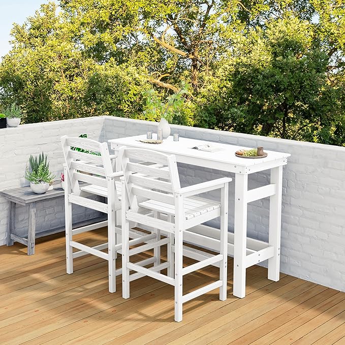 SERWALL Outdoor Bar Set with 9ft Umbrella, All-Weather HDPE Patio Bar Chairs and Table, Outdoor Furniture Set for Poolside, Backyard, Garden - White