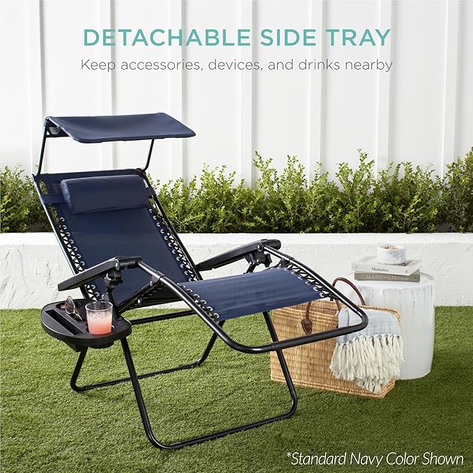 Best Choice Products 30” Wide Folding Zero Gravity Outdoor Recliner Patio Lounge Chair w/Adjustable Canopy Shade, Headrest, Side Accessory Tray - Burnt Orange