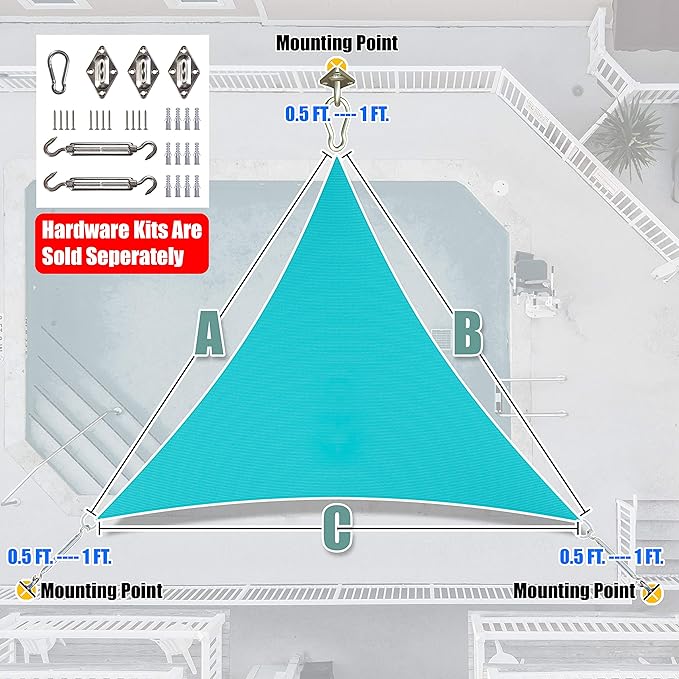 Amgo Custom Size 25' x 25' x 25' Turquoise Triangle Sun Shade Sail Order to Make Canopy Awning UPF50+ AGSLT, 95% UV Blockage, Water & Air Permeable, 200GSM Commercial Standard (We Customize)