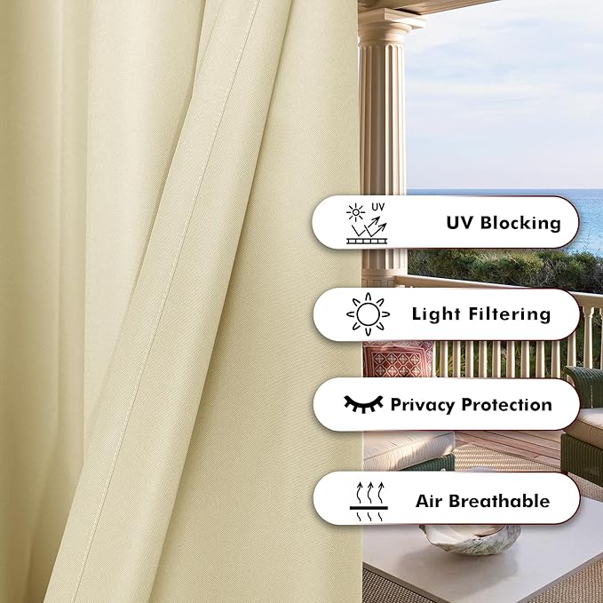 BONZER Wide Waterproof Outdoor Curtains for Patio Heavy Privacy Light Filtering Grommet Outside Curtains for Porch, Pergola, Gazebo, 1 Panel, 110W x 108L inch, Cream