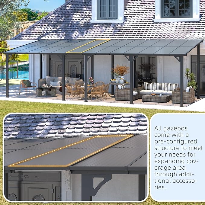 AECOJOY 12' x 12' Gazebo Outdoor Pergola for Patio, Large Wall-Mounted Hard Top Lean to Metal Gazebo Shelter Pergolas and Gazebos Clearance with Patio Roof, Heavy Duty Awnings for Backyard, Decks