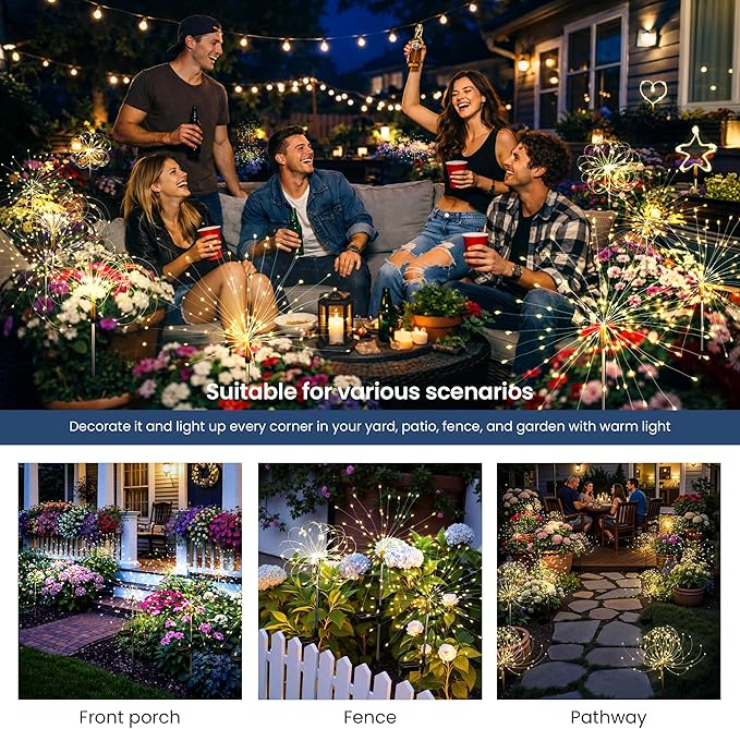 Solar Lights Outdoor, 120LED 2pack Fairy Garden Lights Decor for Outside Fireworks Lights Solar Powered for Yard, Patio, Pathway, Walkway, Balcony, Warm White