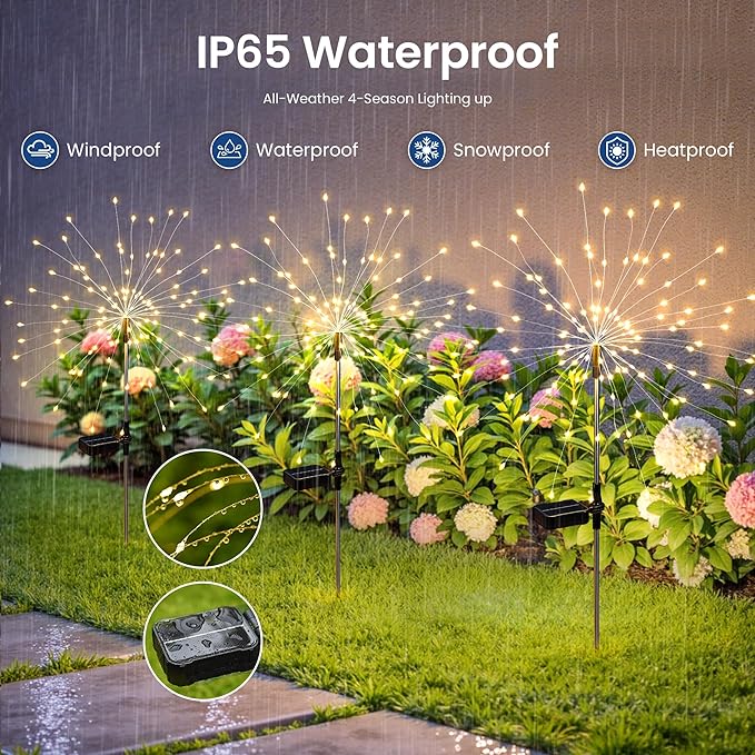 Solar Lights Outdoor, 120LED 6 Pack Fairy Garden Lights Decor for Outside Fireworks Lights Solar Powered for Yard, Patio, Pathway, Walkway, Balcony, Warm White