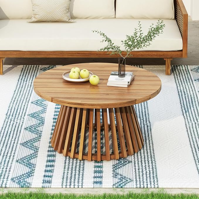 Merax Outdoor Acacia Wood Conversation Set - Patio 3-Seat Loveseat Sofa w/Coushion and Round Coffee Table for Backyard, Lawn, Balcony, Beige +Teak