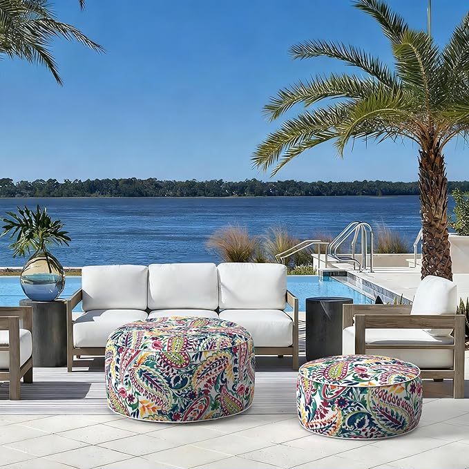 LVTXIII Indoor/Outdoor Extra Large Inflatable Ottoman Pouf D31 x H14 Inch, Round Footstool with Handle, Weather-Resistant Portable Furniture for Patio, Camping, Beach, Vigour Paisley