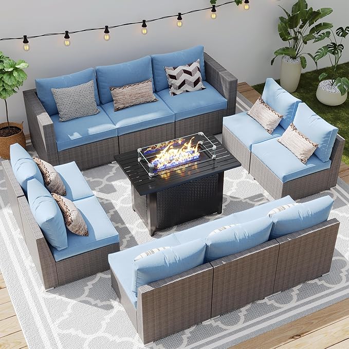 Wisteria Lane Patio Furniture Set for All Wheather, 11 Pieces Wicker Outdoor Furniture Set with Washable Cushions & Fire Pit Table, Oversized Outdoor Sectional for Garden, Poolside, Backyard, Blue