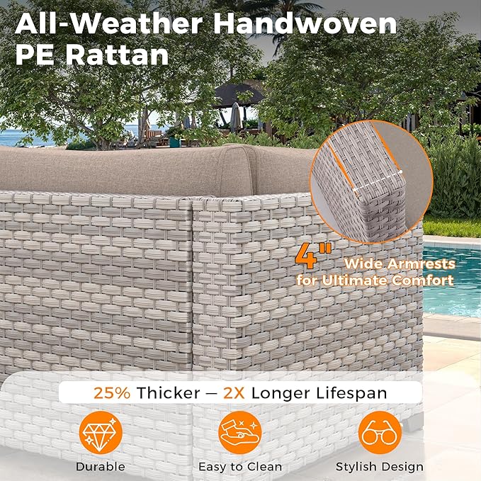 12-Seat Modern Outdoor Wicker Rattan Patio Furniture Set with 55,000 BTU Fire Pit Table, Thick 4″ Cushions, All-Weather Dual-Strand Rattan, Rust-Resistant Steel Frame,Beige