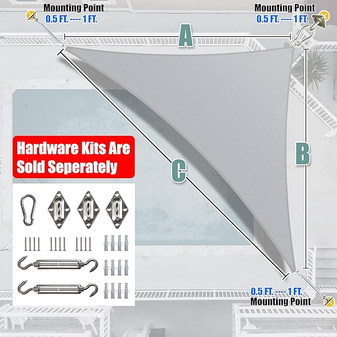Amgo Custom Size 13' x 18' x 22.2' Grey Right Triangle Sun Shade Sail Order to Make Canopy Awning UPF50+ AGSLT, 95% UV Blockage, Water & Air Permeable, 200GSM Commercial Standard (We Customize)