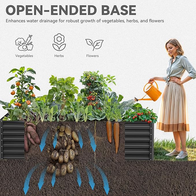 YITAHOME 8x4x2 ft 4pcs Galvanized Raised Garden Bed Kit, Large Metal Planter Box with Gloves, Safety Rubber & Support Rod, Outdoor Flower Bed for Plants Vegetables, Black