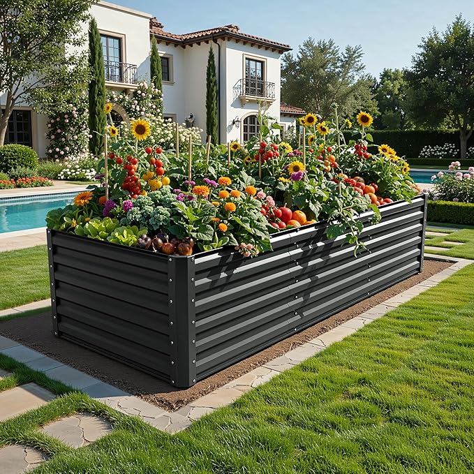 YITAHOME 8x4x2ft Large Raised Garden Bed Kit, Galvanized Metal Planter Box with Gloves, Ground Nails, Support Rod & Safety Rubber, Outdoor Above Ground Planters for Plants Vegetables Flowers, Black