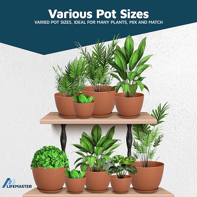 Terracotta Plant Pots with Drainage Holes & Saucers 20 Pack, Indoor & Outdoor Stackable Space-Saving Planters for Houseplants & Flowers, (7", 6.7", 6", 5.3", and 4.8" Inches), Durable & Weatherproof