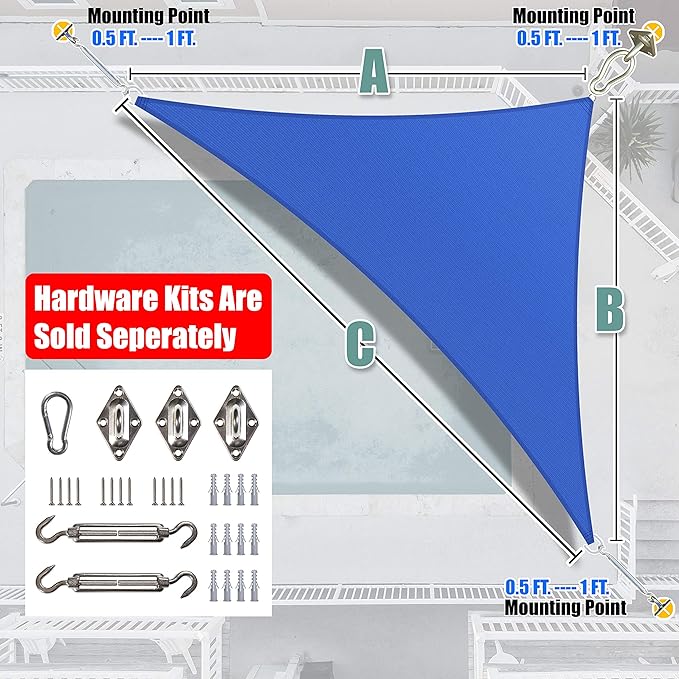 Amgo 24' x 24' x 33.9' Blue Right Triangle Sun Shade Sail UPF50+ Canopy Awning AGSLT, 95% UV Blockage, Water & Air Permeable, 200GSM Heavy Duty Commercial and Residential (We Make Custom Sizes)