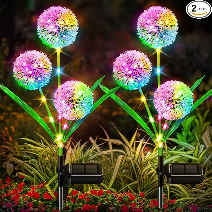 Solar Lights Outdoor Garden Decor: 2 Pack Upgraded Solar Dandelion Garden Light Decorative Landscape Lighting - Waterproof Outside Color Gift for Mothers Day Decoration for Yard Lawn Patio