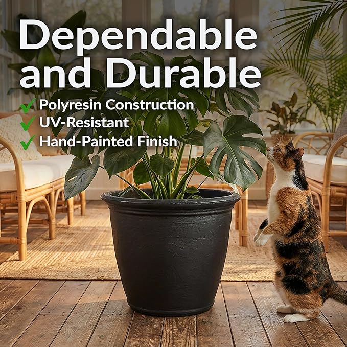Sunnydaze 24-Inch Anjelica Large Plastic Pot for Plants - Outdoor Double-Walled Large Plastic Planter with Drillable Drainage Holes - Matte Black