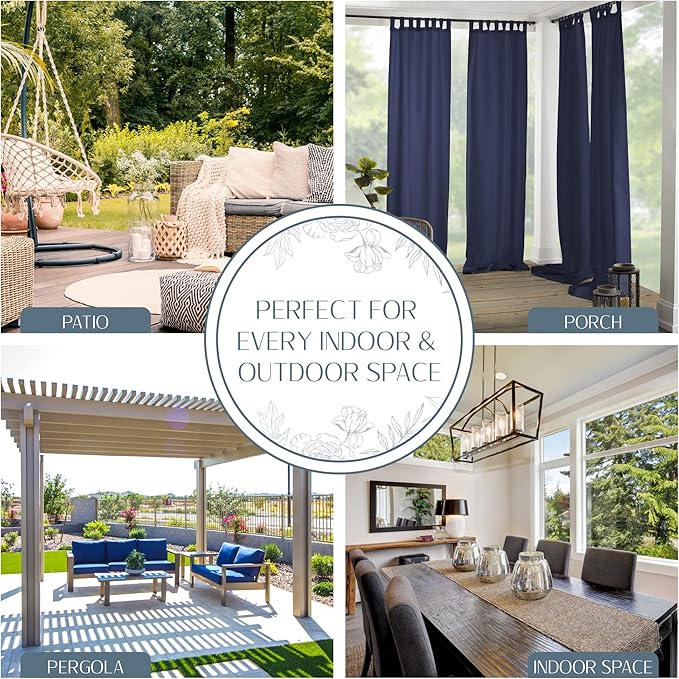 Elrene Home Fashions Matine Weatherproof Tab-Top Indoor/Outdoor Solid Color Curtain Panel for Porch, Pergola, Patio, Deck, 52”W x 108”L, Blue