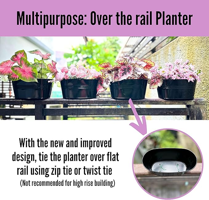 LaLaGreen Rail Planter Outdoor Plants(11.8 Inch, 10 Pack) Black Metal Iron Hanging Flower Pots Deck Railings Fence Buckets Modern Countryside Boho Style Wall Mount Window Box Plant Holder Porch Decor