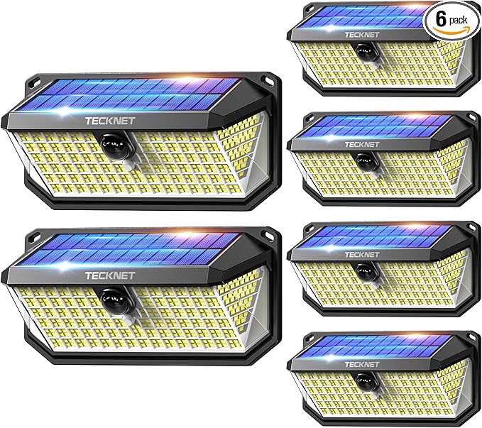 TECKNET 461 LED Solar Powered Outdoor Lights, 270° Angle & 3 Lighting Modes Motion Sensor Light Outdoor, Security Solar Lights Waterproof - 6 Pack