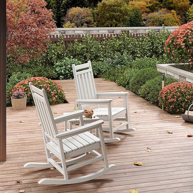 HDPE Rocking Chair Outdoor Set of 4 - Poly High Back Porch Rocker Chairs for Adults - All Weather Resistant Furniture for Patio Front Porch - White