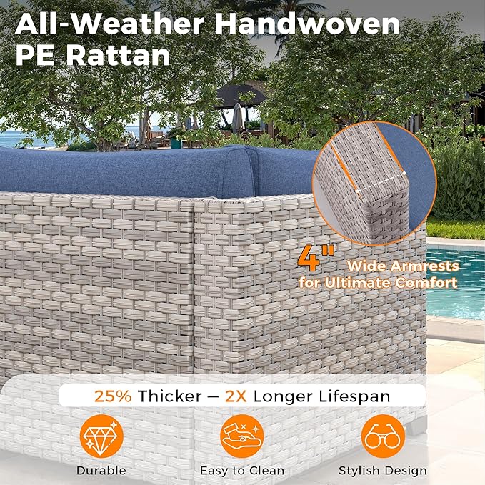 14-Seat Outdoor Wicker Patio Furniture Set with Fire Pit Table, Modular Rattan Sectional Sofa & 2 Swivel Rocking Chairs, 4" Thick Cushions, Rust-Resistant Frame,Navy