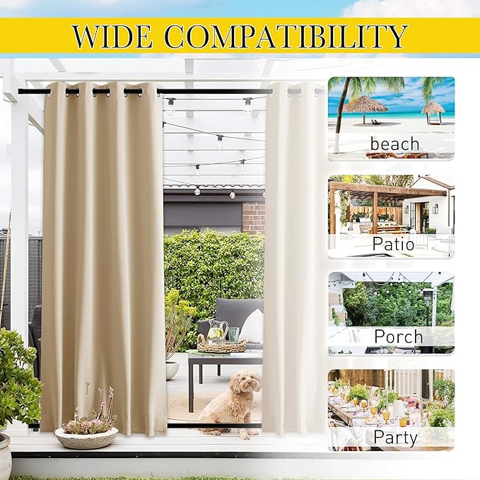 NICETOWN 2 Panels Outdoor Patio Curtains Windproof & Waterproof, Top & Bottom Grommet & Back Tab Light Blocking Drapes Keep Privacy for Yard/Porch with Ropes for Fixed, Biscotti Beige, W46 x L72