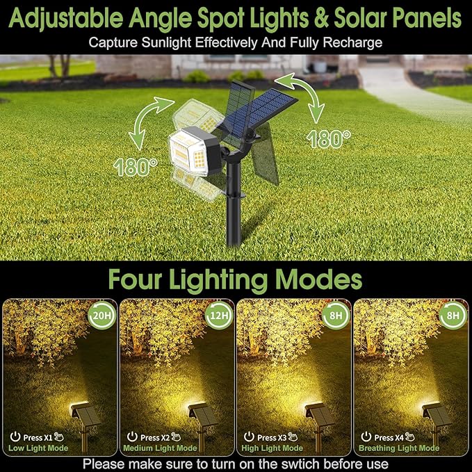 102 LED Solar Spot Lights Outdoor Waterproof IP65, Adjustable Landscape Spotlights, [2 Pack/4 Modes] Auto On/Off Solar Powered Flood Lights for Outside Yard Garden Wall Pathway (Warm White)