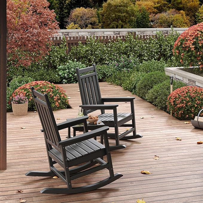 HDPE Rocking Chair Outdoor- Poly High Back Porch Rocker Chairs for Adults - All Weather Resistant Furniture for Patio Front Porch - Black