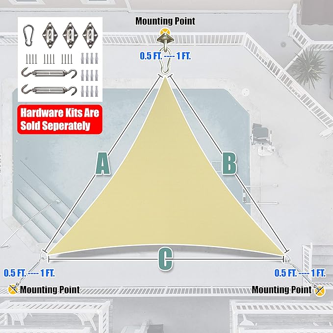 Amgo 22' x 22' x 22' Beige Triangle Sun Shade Sail UPF50+ Canopy Awning AGSLT, 95% UV Blockage, Water & Air Permeable, 200GSM Heavy Duty Commercial and Residential (We Make Custom Sizes)