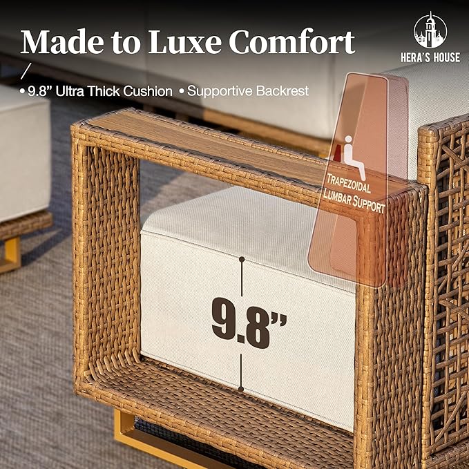 HERA'S HOUSE 6 Pieces Sectional Patio Furniture Set, All Weather Patio Conversation Set, Outdoor Rattan Wicker Sofa with 5.3" Widened Armrest, Patio Couch, 10" Ultra Thick Comfy Sponge Cushion