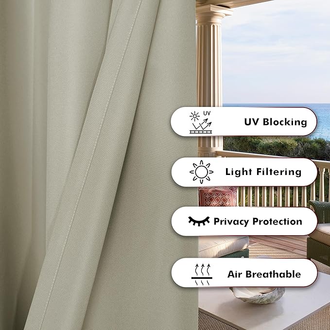 BONZER Outdoor Curtains for Patio Water Resistant Heavy Privacy Light Filtering Grommet Outside Curtains for Porch, Pergola, Gazebo, 1 Panel, 84W x 108L inch, Taupe