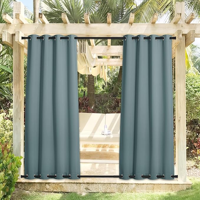 NICETOWN Greyish Blue Outdoor Patio Curtains 2 Panels Windproof Top & Bottom Grommet, Thermal Insulated Light & Cold Blocking Windproof Weighted Outdoor Drapes Privacy for Gazebo/Porch, W52 x L84